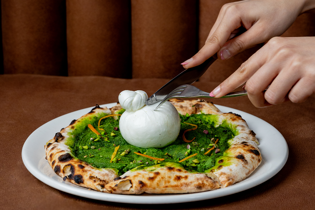 Pesto Genovese pizza with burrata at Boujee House Kolkata
