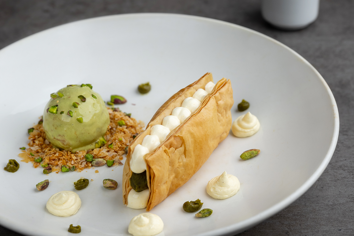 Pistachio Mille-Feuille dessert at Boujee House Kolkata